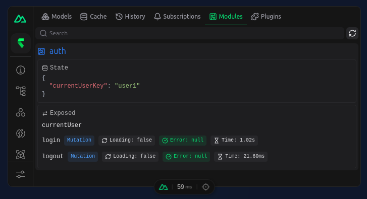 Modules tab in the rstore devtools