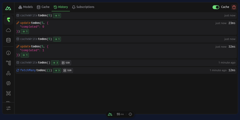 Devtools screenshot of the history tab